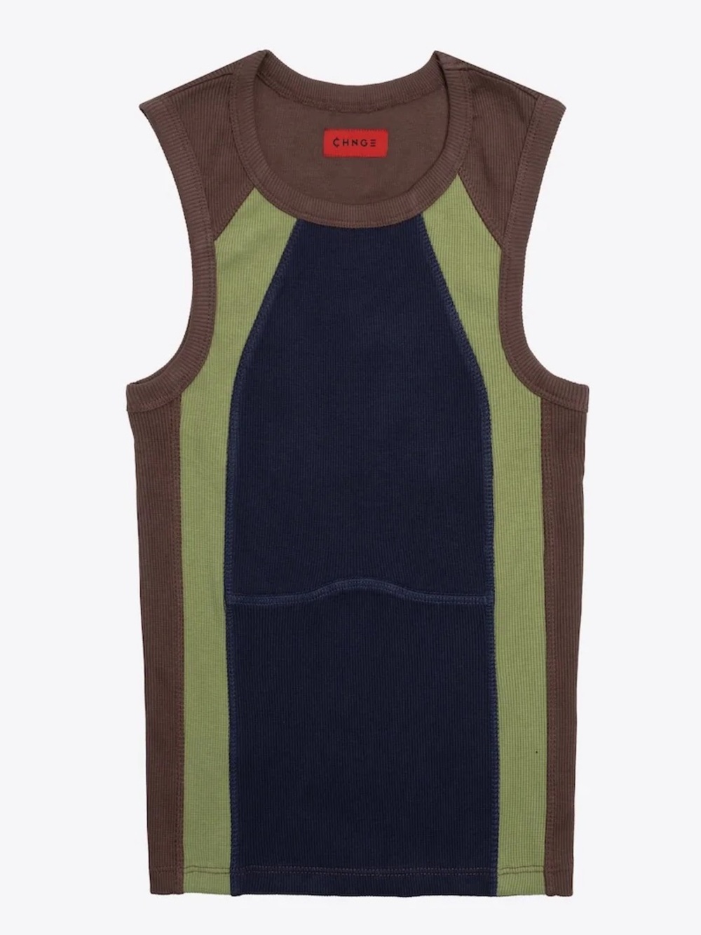 CHNGE Diamond Blocked Rib Racer Tank Brown Green Navy Large NWT